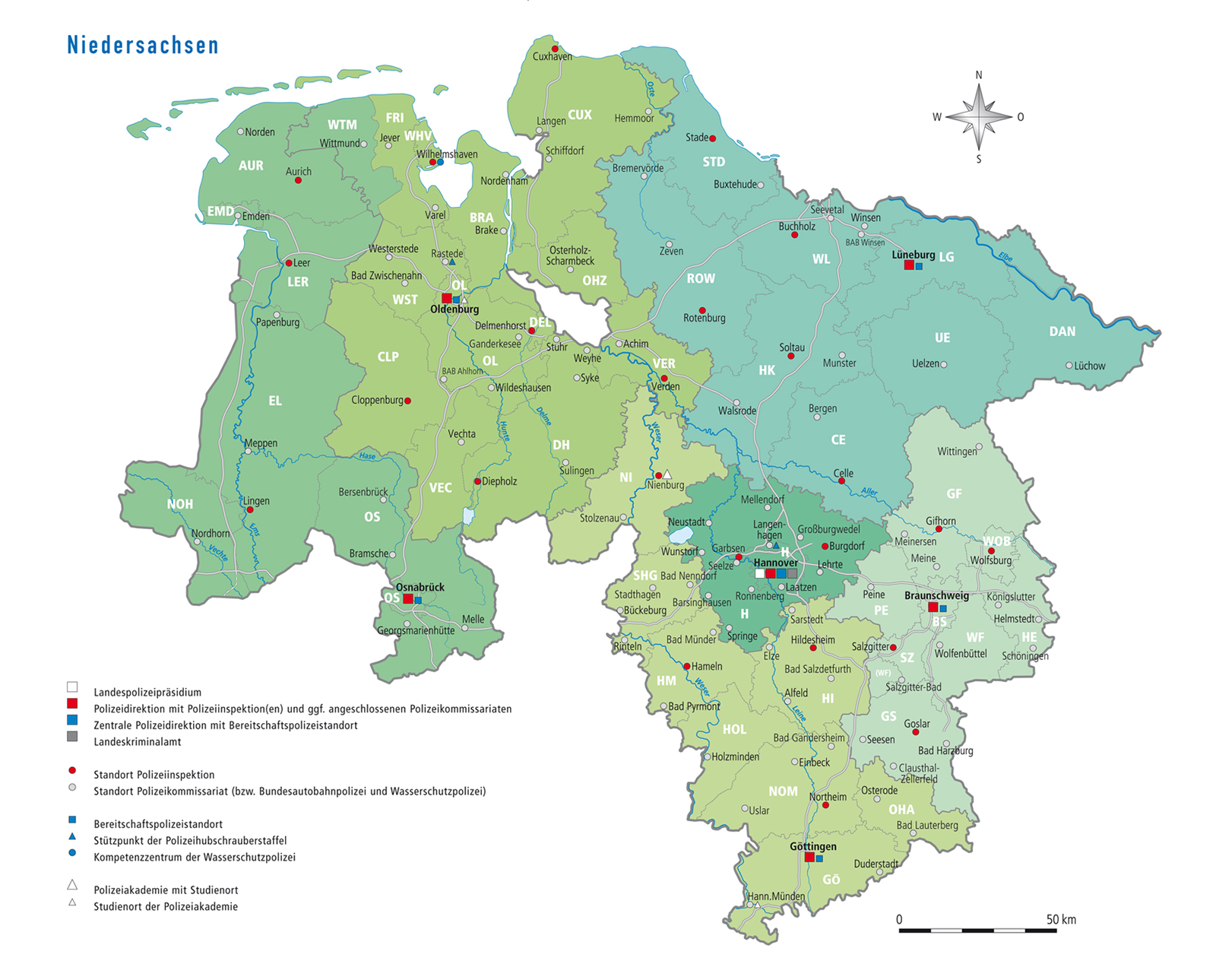 Landkarte Polizei Niedersachsen