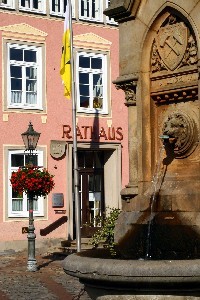 Rathausgebäude und Brunnen